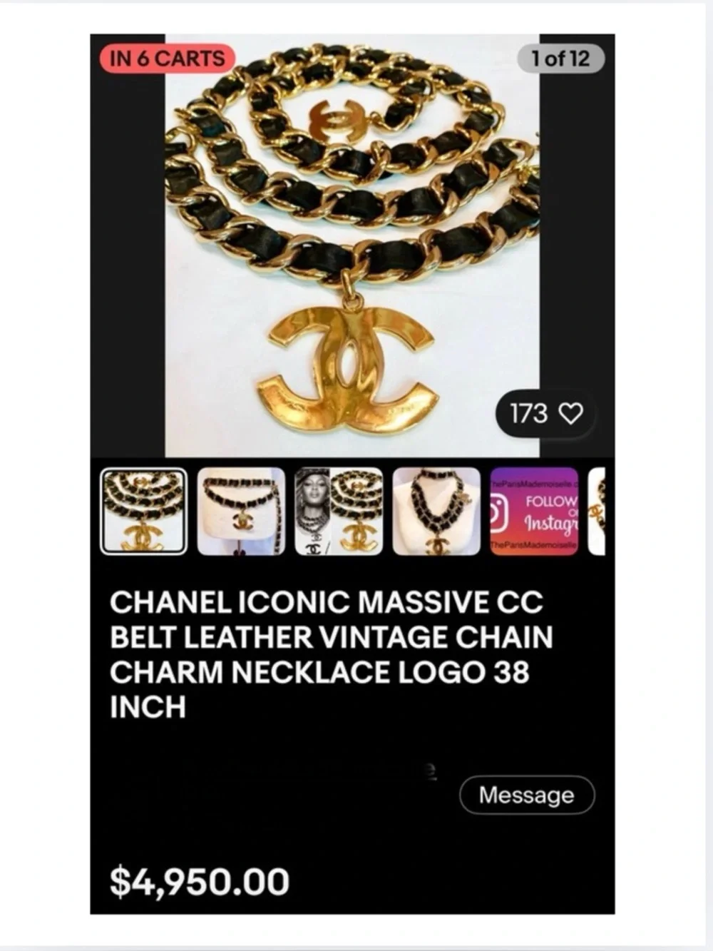 BELT: Black Pleather w/Golden Links Chain & 2 Dangling Monogram Pendants, NWOT